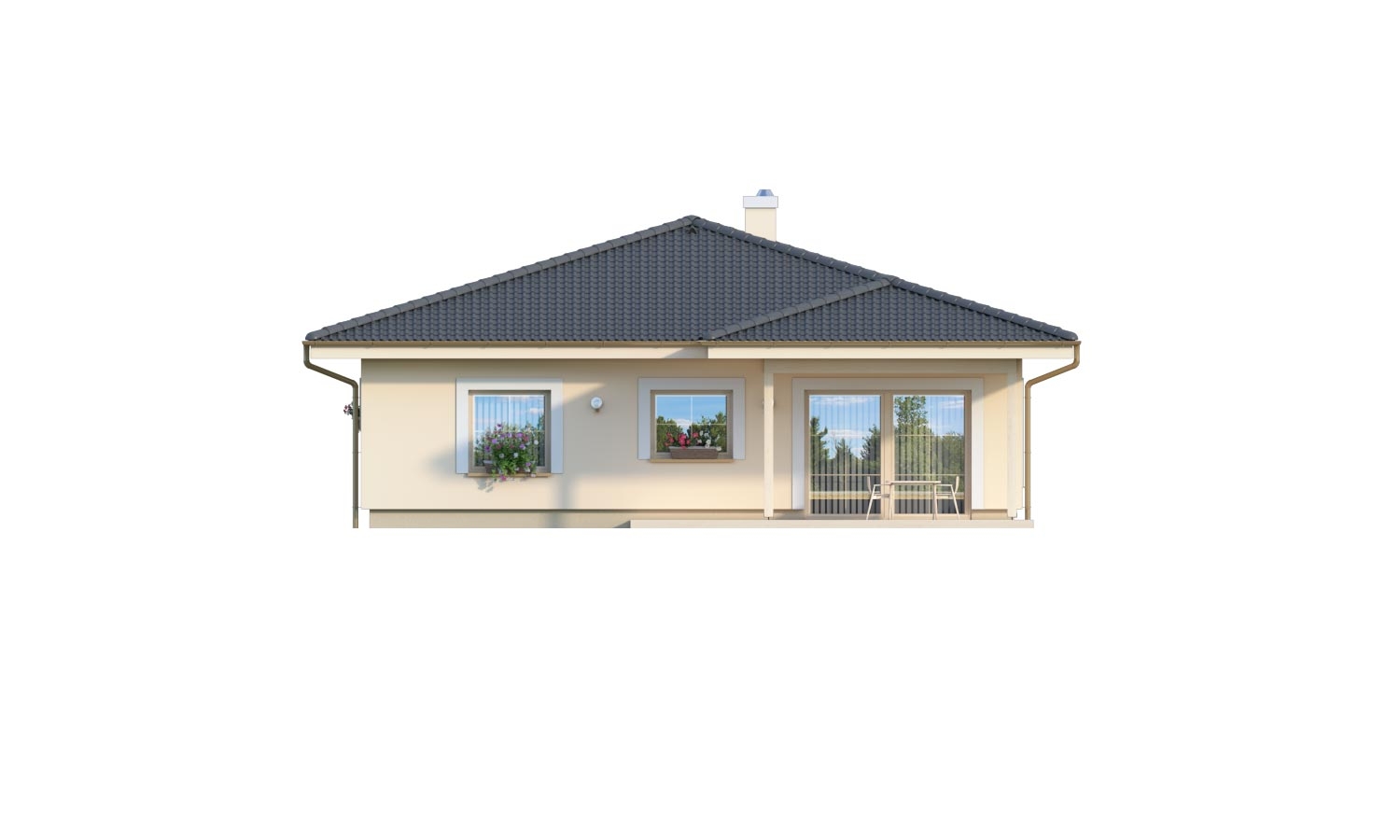 projekt pre 4-izbový bungalov s prekrytou terasou a valbovou strechou